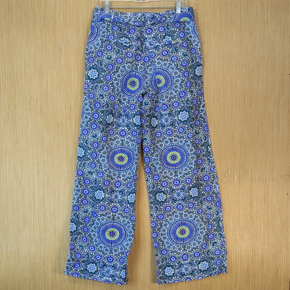 Banana Republic Womens Boho Resort Wide Leg Linen Blend Pants Size 6 Blue Belted